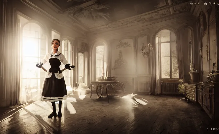 Prompt: a french maid, cinematic, 3 6 0 panorama, lens flare, 4 k, 8 k, 1 6 k, 3 2 k, ultra - hd, super - resolution, megapixel, natural lighting, sunlight, cinematic lighting, studio lighting, volumetric, full body photoshoot