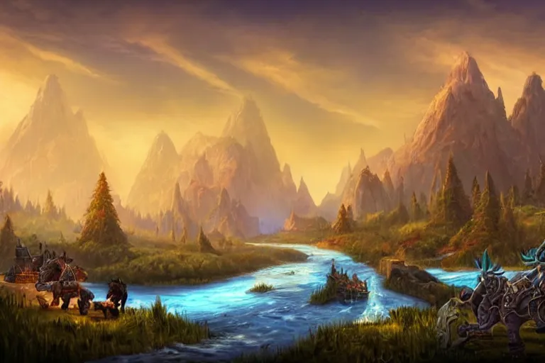 Image similar to world of warcraft environment with trees, rocky mountains and a river, horses, wooden chariots, beautiful, concept