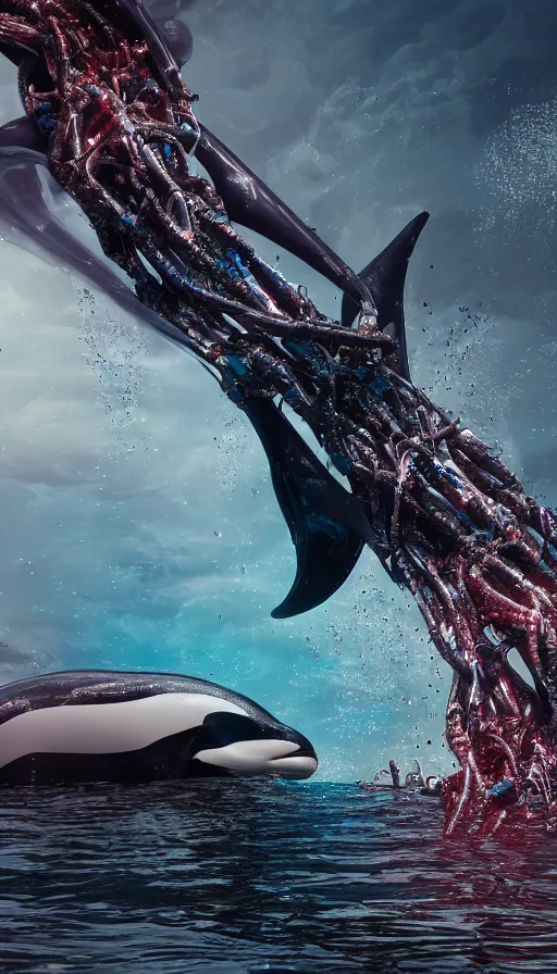 Image similar to color pentax photograph of a biomechanical orca spirit emerging from the sea, made up of bits of plastic and skin and metal, shiny, wet, made of nanomaterials, metallic, cyberpunk, post apocalyptic, hyper realistic, epic angle, beautiful composition, octane render, unreal engine render, 8k, super detailed, SLICK!!