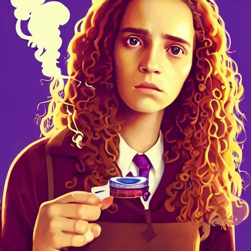 Prompt: lofi portrait of hermione granger smoking weed, Pixar style, by Tristan Eaton Stanley Artgerm and Tom Bagshaw.