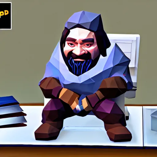 Prompt: A low poly dwarf sitting at a desk surprised at the amount of mail on the desk, deep rock galactic