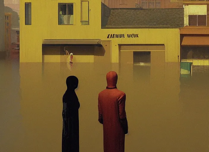 Image similar to futuristic woman with very wide head dressed in transparent gold foil plastic bags with cutouts, on flooded street Edward Hopper and James Gilleard, Zdzislaw Beksinski, highly detailed