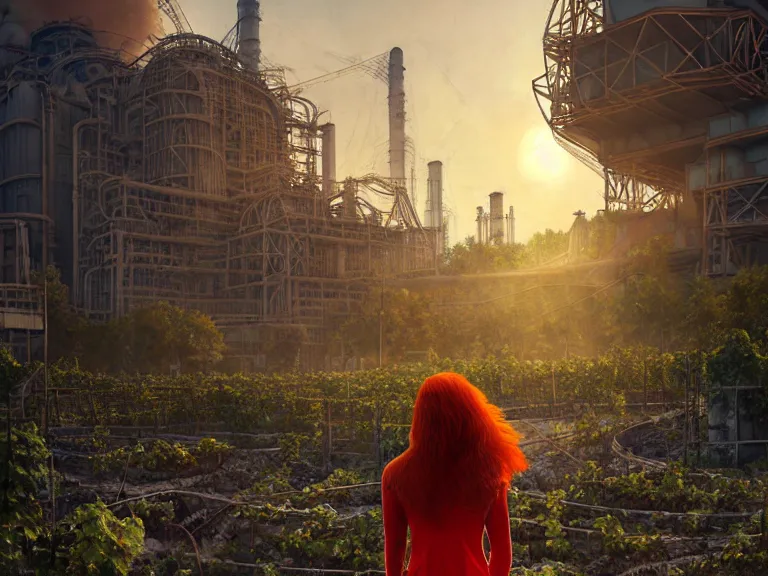 Image similar to red hair girl, chernobyl powerplant!!!, rubble, ruins!!, flowers, vines, hyperrealistic, highly detailed, cinematic, single ray of golden sunlight, beautiful, cgssociety, artstation, 8 k, oil painting by greg rutkowski, by artgerm, by wlop