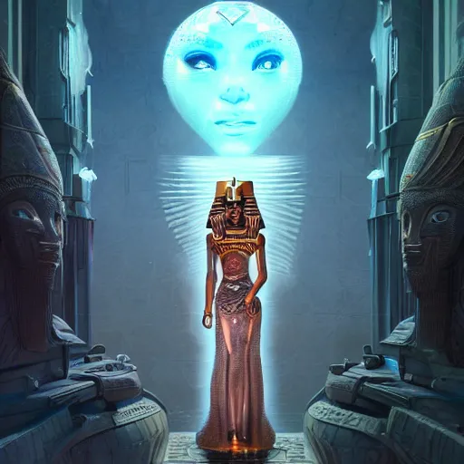 Image similar to highly detailed portrait of sekhmet the egyptian goddess, intricate alien technology, stephen bliss, unreal engine, fantasy art by greg rutkowski, loish, rhads, ferdinand knab, makoto shinkai and lois van baarle, ilya kuvshinov, rossdraws, tom bagshaw, global illumination, radiant light, detailed and intricate environment