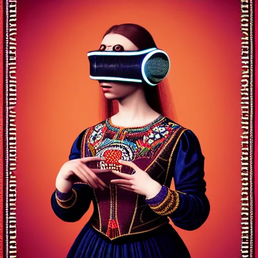 Image similar to Colour Caravaggio style full body portrait Photography of Highly detailed beautiful Woman wearing detailed Ukrainian embroidery folk costume designed by Taras Shevchenko with 1000 years perfect face wearing highly detailed retrofuturistic VR headset designed by Josan Gonzalez. Many details In style of Josan Gonzalez and Mike Winkelmann and andgreg rutkowski and alphonse muchaand and Caspar David Friedrich and Stephen Hickman and James Gurney and Hiromasa Ogura. Rendered in Blender and Octane Render volumetric natural light