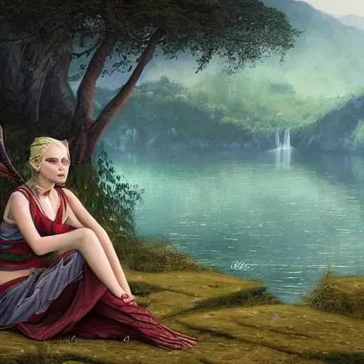 Prompt: Harpy, mythical hybrid, wearing Inka clothes, sitting at a pond, mountainous area, trees in the background, oil painting, by Fernanda Suarez and Greg Rutkowski