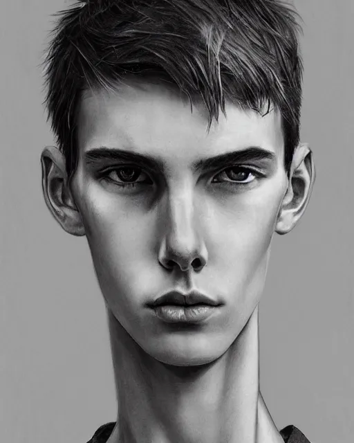 Prompt: portrait of 1 5 - year - old boy, a tall, slender boy with a pale, pointed face, white - blond hair, ice grey eyes, a pale complexion with sharp and pointed features, hyper realistic face, beautiful eyes, fantasy art, in the style of greg rutkowski, intricate, hyper detailed, smooth