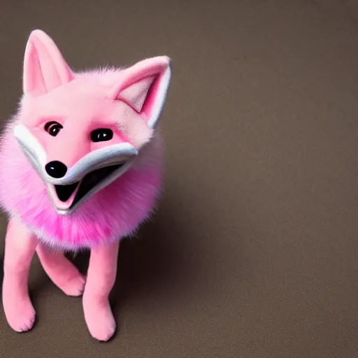 Prompt: cute pink fox fursuiter at a furry convention, realistic photograph, cinematic lens, studio lighting, indoors