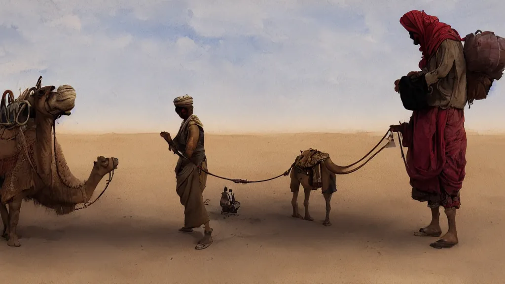 Image similar to arabian merchant with colored bags feeding a camel in a desert, watercolored, jakub rozalski, dark colours, dieselpunk, artstation