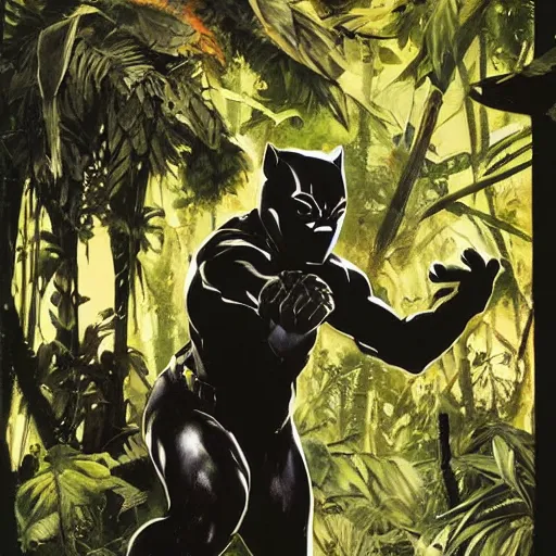 Prompt: black panther in the jungle by dave mckean and yoji shinkawa, oil on canvas