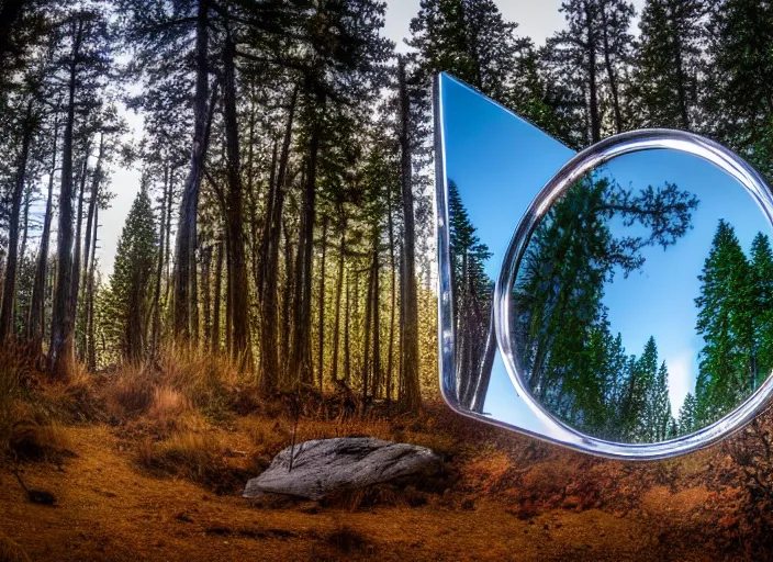 Image similar to photo of a crystal mirror that is a portal to a barren!! world. Forest in the background. Fantasy magic style. Highly detailed 8k. Intricate. Nikon d850 55mm. Award winning photography.