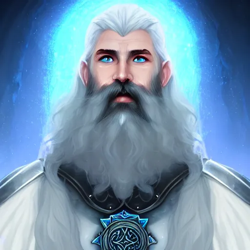 Image similar to Portrait of an Aasimar Paladin-Druid with glowing blue eyes, pale grey skin, silver full beard, and silver hair. He has a sword and wears moss covered full plate armor. Epic fantasy art, sharp, award winning on Artstation, 4k HD.