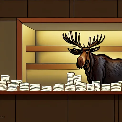 Image similar to a moose behind the counter at a bakery with a suit on piles of money on the counter, trending on art station, 8 k, beautiful lighting