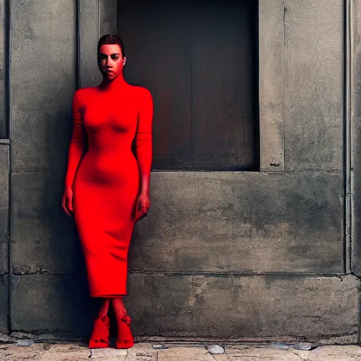 Prompt: kanye west [ wearing a [ red dress ]!! ]!!, [ 4 k photorealism ]!!, fashionable pose!!, fashion photography, 4 k quality, shot by jimmy nelson, paparazzi photo!!