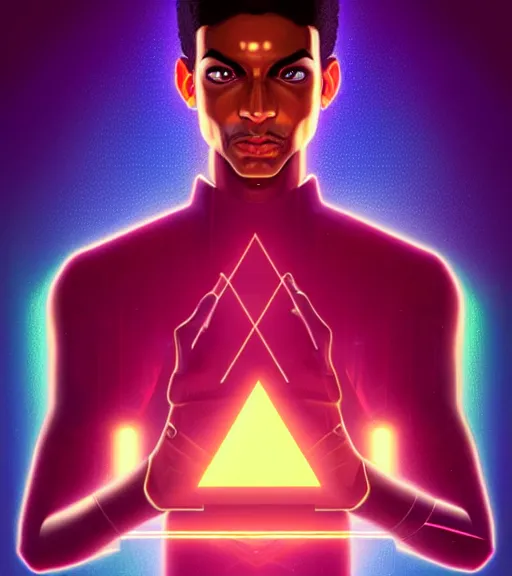 Image similar to symmetry!! egyptian prince of technology, solid cube of light, hard edges, product render retro - futuristic poster scifi, lasers and neon circuits, brown skin man egyptian prince, intricate, elegant, highly detailed, digital painting, artstation, concept art, smooth, sharp focus, illustration, dreamlike, art by artgerm