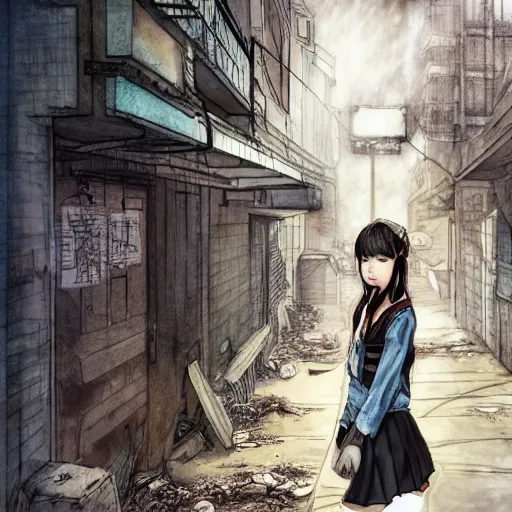 Image similar to a perfect, realistic professional digital sketch of a Japanese schoolgirl posing in a postapocalyptic alleyway, style of Marvel, full length, by pen and watercolor, by a professional American senior artist on ArtStation, a high-quality hollywood-style sketch, on high-quality paper