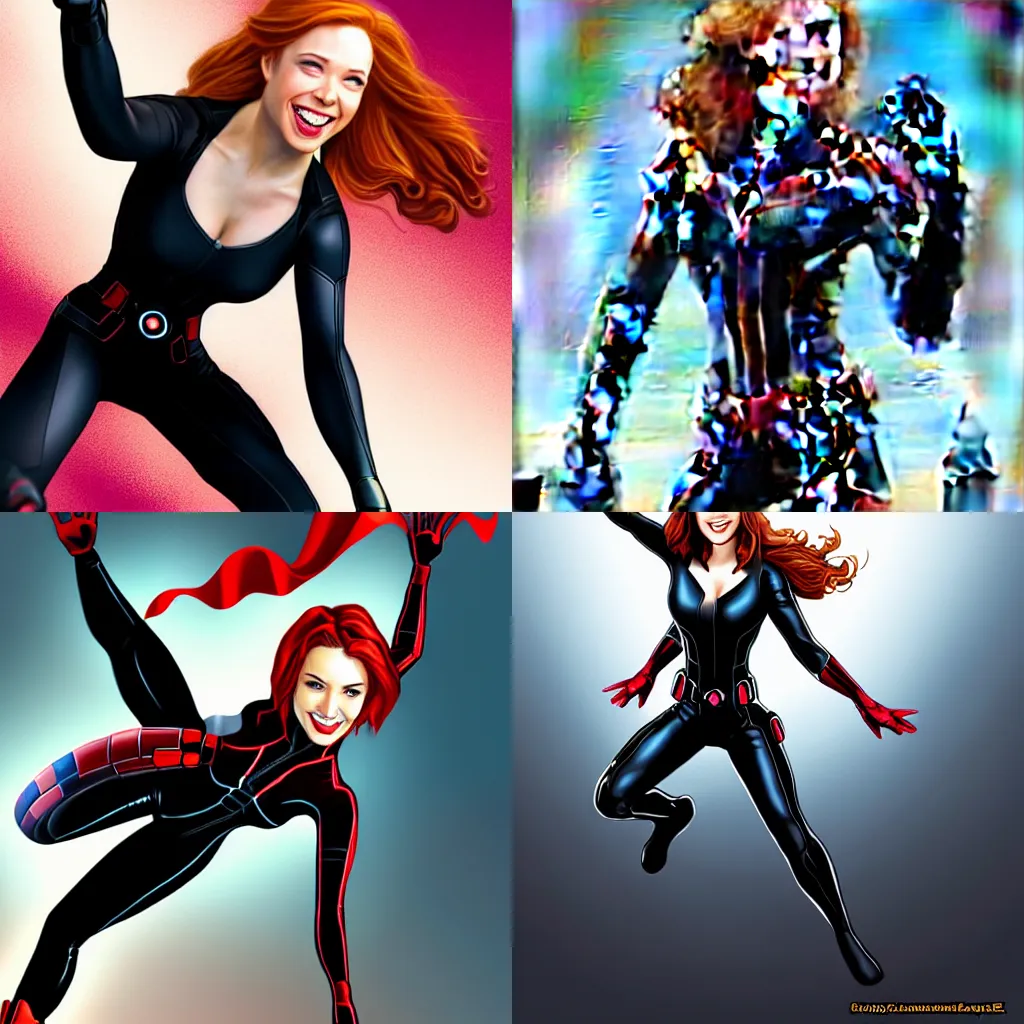 Image similar to Beautiful female Elyse Levesque as Black Widow Marvel smile and showing face:: action pose leaping in the air, acrobatic pose, exciting, fun, realistic character concept:: on rooftop of building:: comic book, illustration, slender symmetrical body, symmetrical face, full hand, full feet:: artstation, cinematic lighting, hyperdetailed, cgsociety, 8k, high resolution:: Tom Bagshaw, Joshua Middleton, Gottfried Helnwein, Rafeal Albuquerque comic:: insanely detailed and intricate