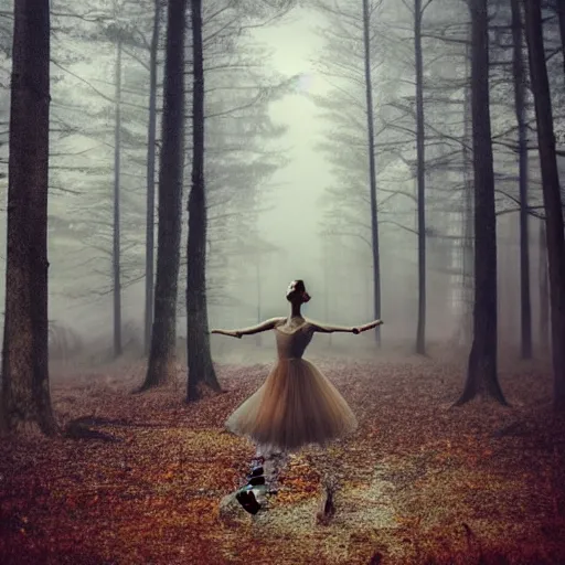 Image similar to an intricate ballerina in the middle of the forest, landscape, moody, fog, cinematic