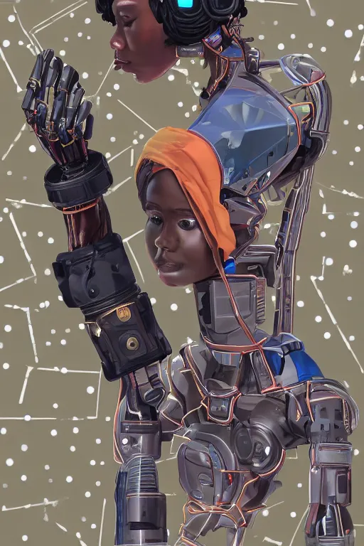 Image similar to a black girl fixing a robot, in the nature, mixing solarpunk, afropunk and cyberpunk technology and aesthetic ( ( ( ( volumetric light ) ) ) ), high angle, part by pearl fryar, part by prince damah, sunny day, trending on artstation, cinematic view, illustration, painting.