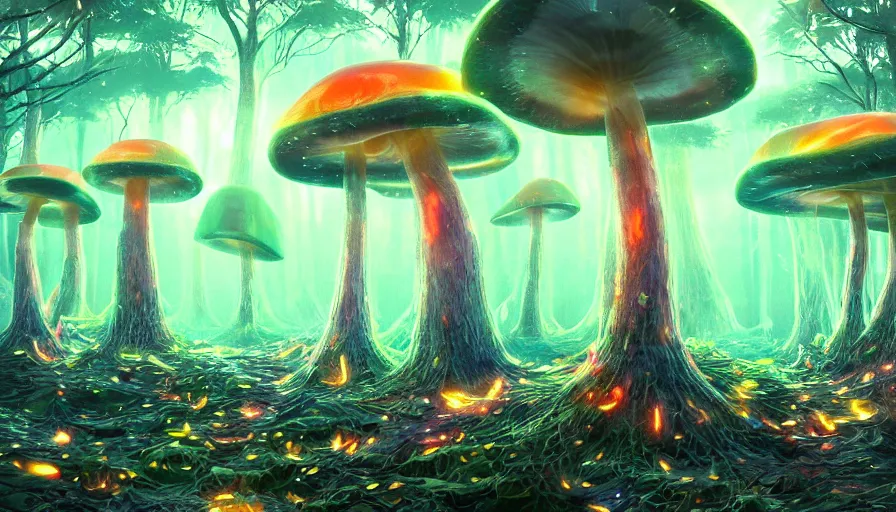 Image similar to a fluorescent giant mushrooms forest, beautiful crystal deposits glowing on the floor, in style of laurel d austin, 2 d art, concept art, fantasy, high detail, trending on artstation