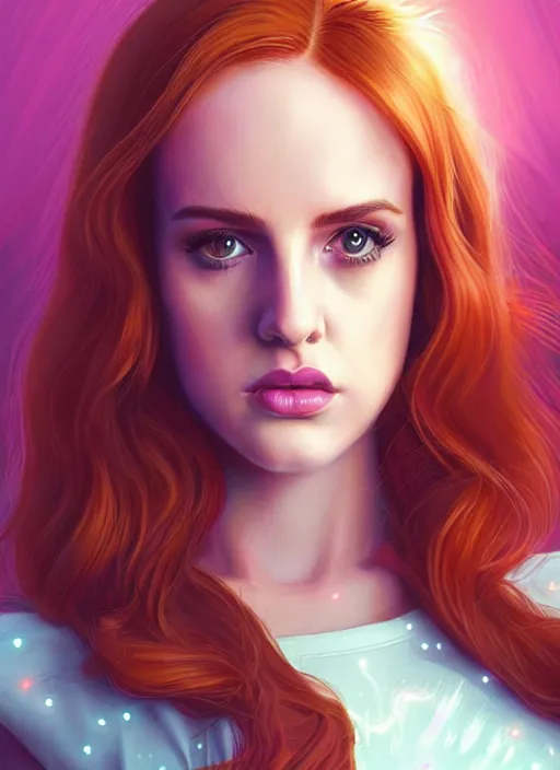 Image similar to full body portrait of teenage cheryl blossom, bangs, green eyes, sultry expression, red hair, sultry smirk, bangs and wavy hair, pink skirt, bangs, intricate, elegant, glowing lights, highly detailed, digital painting, artstation, concept art, smooth, sharp focus, illustration, art by wlop, mars ravelo and greg rutkowski