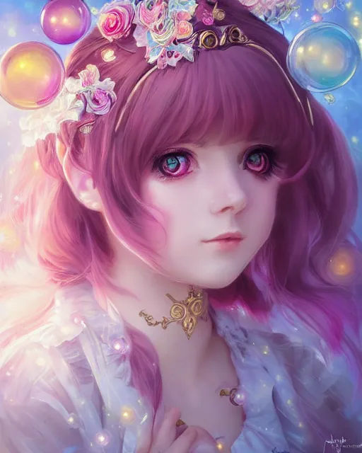 Image similar to portrait of magical lolita girl, dreamy and ethereal, expressive pose, big gold eyes, exciting expression, fantasy, intricate, elegant, many rainbow bubbles, rose tones, highly detailed, anime, artstation, concept art, cyberpunk wearing, smooth, sharp focus, illustration, art by artgerm and greg rutkowskiand alphonse mucha