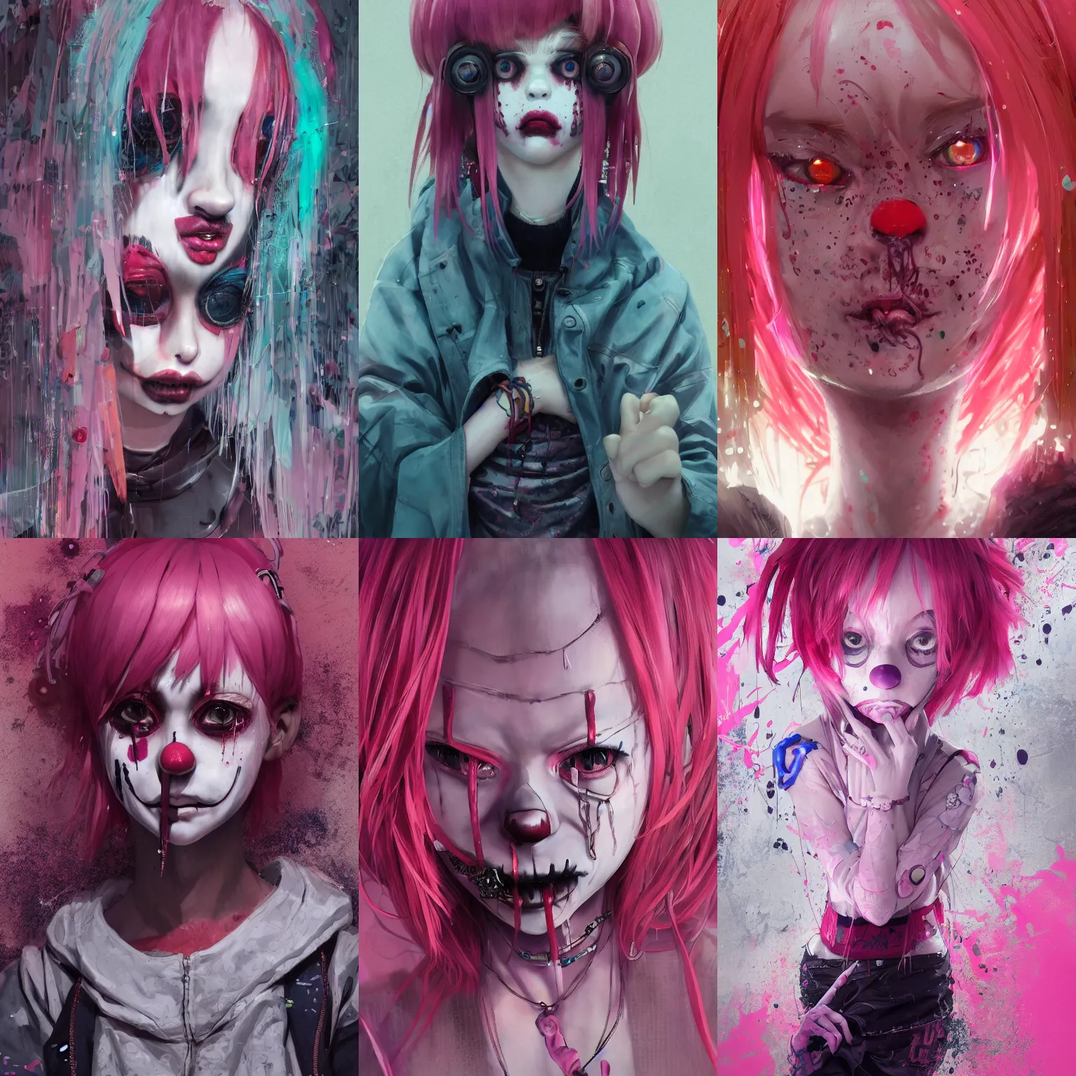 Image similar to by kyoto animation, very creepy clown girl pink hair, tears from the eyes, wearing cyberpunk intricate streetwear, beautiful, detailed portrait, intricate complexity, ilya kuvshinov, cell shaded, 4 k, concept art, by wlop, ilya kuvshinov, greg rutkowski, sharp focus, volumetric lighting, cinematic lighting