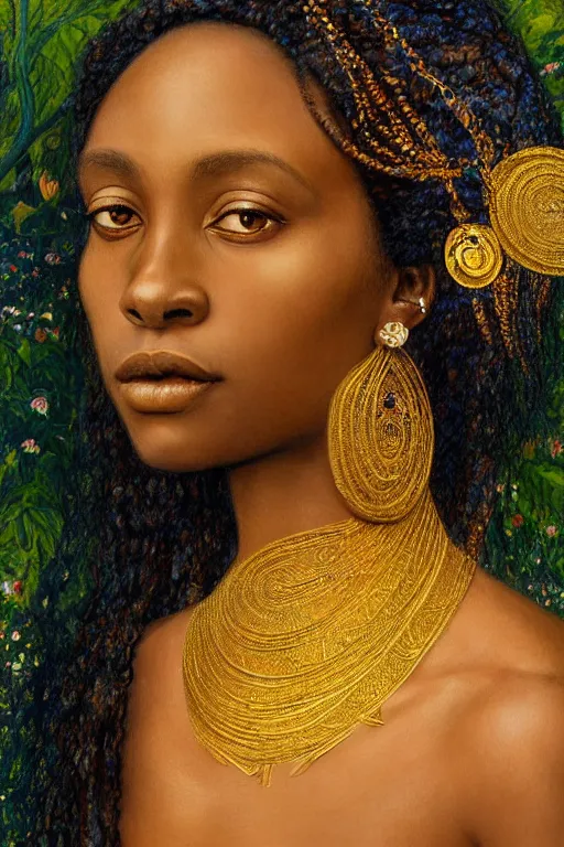 Prompt: Portrait of a Beautiful African female, sad green eyes, beautiful skin, elegant, jewellery, digital painting, Pre-Raphaelites, highly detailed, concept art, smooth, sharp focus, gold and indigo, illustration, art by Klimt .