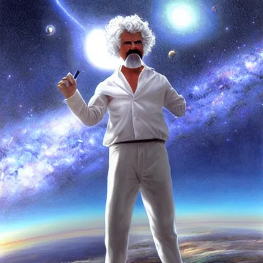 Image similar to mark twain stands at the edge of the universe, artgerm