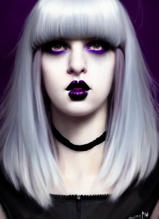 Image similar to portrait of white teenage girl, normal face, black bangs, mall goth, cyberlox, black and white hair, bangs, fluffy bangs, red contacts, purple lipstick, intricate, elegant, highly detailed, digital painting, artstation, concept art, sharp focus, smooth, illustration, art by wlop, mars ravelo and greg rutkowski