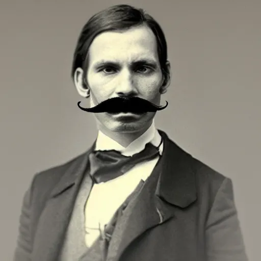 Image similar to A photograph portrait of Jerma985 with a mustache in the late 1800s, taken in the late 1800s, 1870s, grainy, taken on a Field View Camera, realistic, hyperrealistic, very realistic, highly detailed, very detailed, extremely detailed, detailed, digital art, trending on artstation