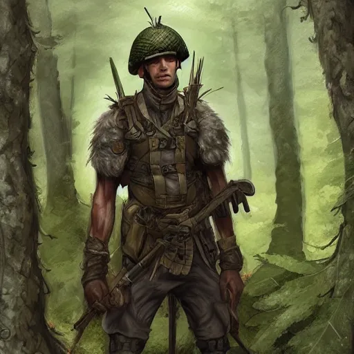 Image similar to male soldier in the forest, by annie leibowitz!!!, D&D, fantasy, intricate, elegant, highly detailed, digital painting, artstation, concept art, matte, sharp focus, illustration