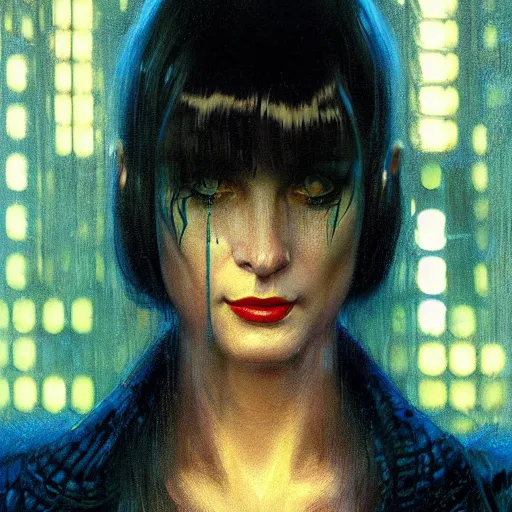 Image similar to an portrait of an happy female replicant from blade runner, detailed, centered, digital painting, artstation, concept art, donato giancola, Joseph Christian Leyendecker, WLOP, Boris Vallejo, Breathtaking, 8k resolution, extremely detailed, beautiful, establishing shot, artistic, hyperrealistic, beautiful face, octane render