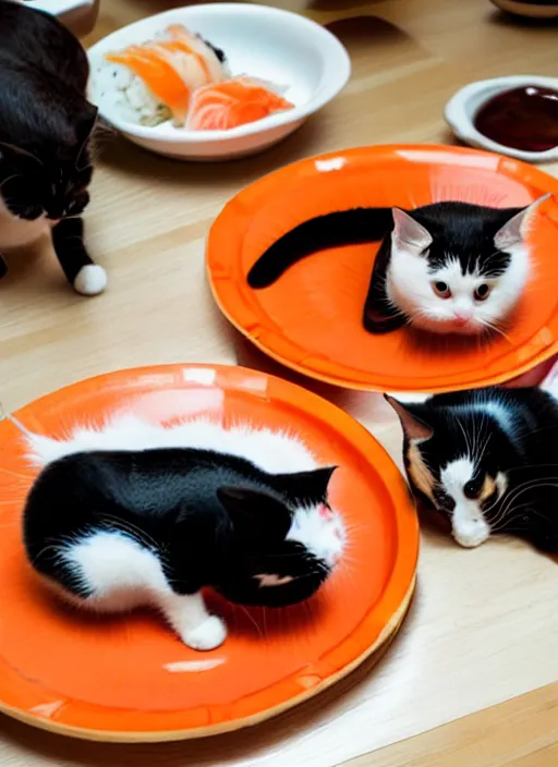 Image similar to clear photograph of cute cats stealing sushi from sushi plates