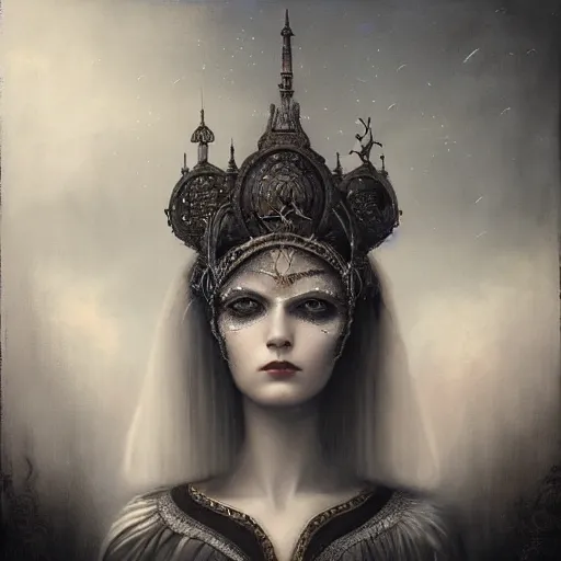 Prompt: By Tom Bagshaw, ultra realist soft painting of curiosity carnival by night, Choco in long dress looking into social networks for love, symmetry accurate features, very intricate details, ominous sky, black and white, volumetric light clouds