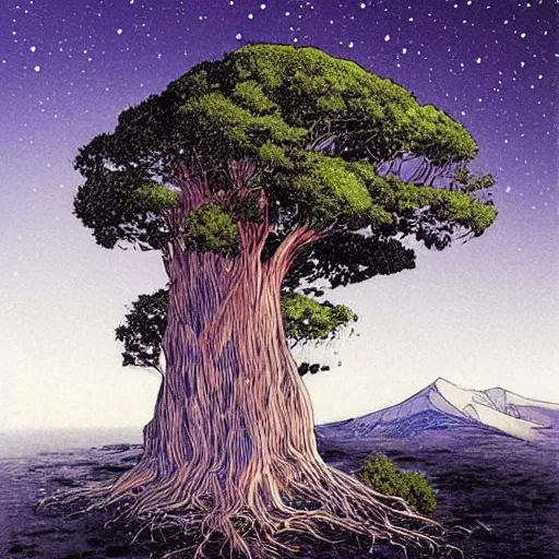 Prompt: a large tree growing from a crystal that is floating in space, by moebius