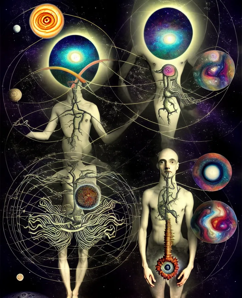 Image similar to inside the universe of a human body soul, whimsical uncanny creature alchemizes unique canto about'as above so below'being ignited by the spirit of haeckel and robert fludd, breakthrough is iminent, glory be to the magic within, to honor jupiter, surreal collage by ronny khalil