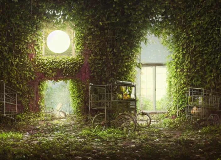 Prompt: trees growing in an abandoned shopping mall, overgrown by flower, vines, at night, overgrown shopping carts, full moon, hyperrealistic, highly detailed, oil painting, intricate, cgsociety, artstation, 8 k, cinematic, muted colors, soft lighting, smooth, sharp focus