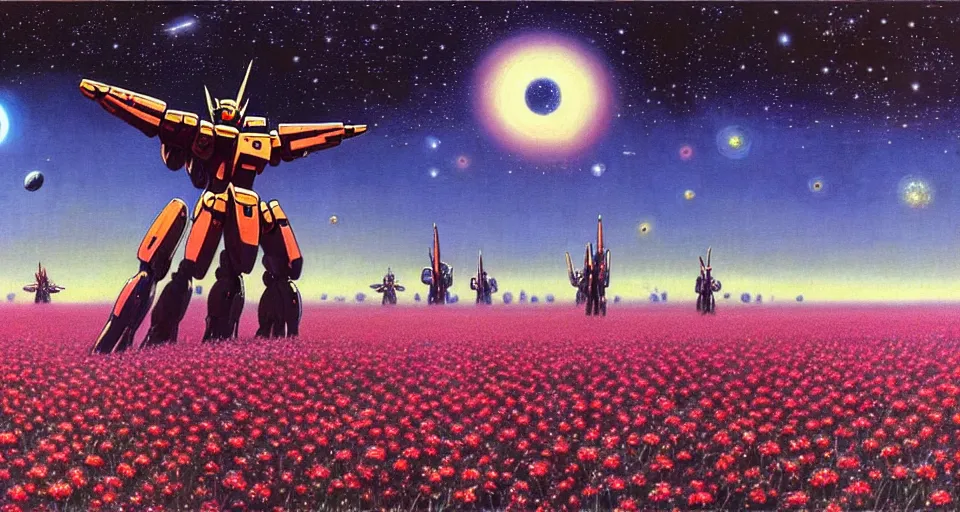 Image similar to a beautiful painting of a large mechanical mecha gundam in a field of flowers by moebius, underneath a star filled night sky, harold newton, zdzislaw beksinski, donato giancola, warm coloured, gigantic pillars and flowers, maschinen krieger, beeple, star trek, star wars, ilm, atmospheric perspective