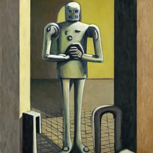 Prompt: weeping robot surrounded by cloaked disciples in masks, brutalist courtyard, colosseum interior, by PJ Crook and Edward Hopper