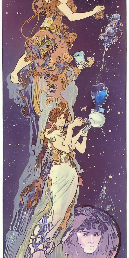 Prompt: a woman wearing outer space as a dress, pouring water from a vase into the milky way, by joe madura and boarder by alphonse mucha, battle chasers.