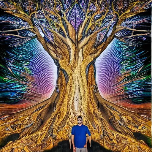 Prompt: a human man standing next to a cosmic tree, a sense of awe, amazement, monogon, plasma display, damascus, multiscopy, morph, in a symbolic and meaningful style, insanely detailed and intricate, hypermaximalist, elegant, ornate, hyper realistic, super detailede