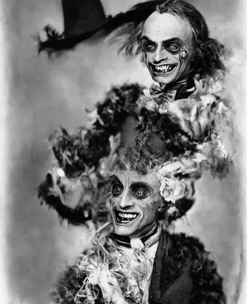 Image similar to portrait of conrad veidt the man who laughs wide grin, award winning colorized photo, sharp color palette