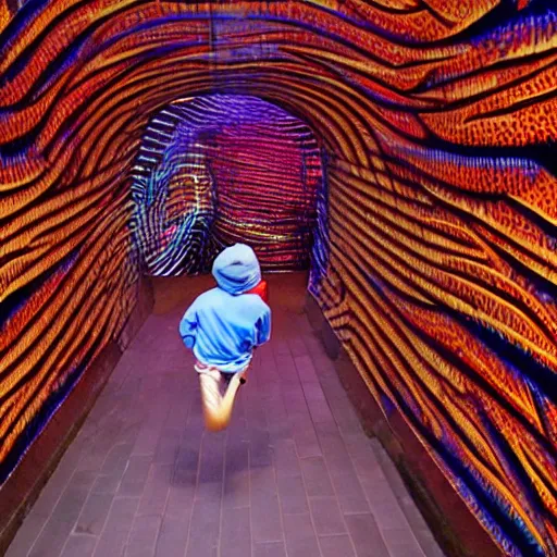 Image similar to terrified young man in a straightjacket running toward you in the Bund Sightseeing Tunnel, Shanghai, China by Alex Grey and Jeffrey Smith