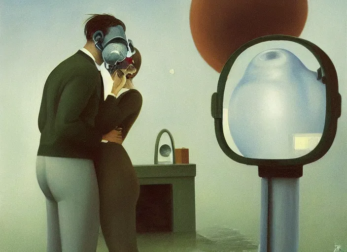 Image similar to spherical people kissing in gas masks at flooded gas station Edward Hopper and James Gilleard, Zdzislaw Beksinski highly detailed