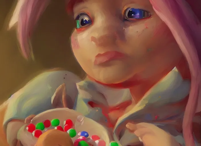Image similar to concept art of cute candy characters, oil painting by jama jurabaev, extremely detailed, brush hard, artstation, for aaa game, high quality, brush stroke