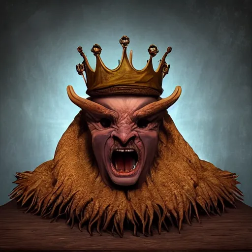 Prompt: an demon with a crown sitting on top of a table, a character portrait by vladimir kush, zbrush central contest winner, fantasy art, zbrush, dystopian art, rococo