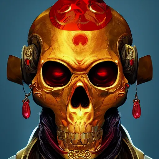 Prompt: a golden skull face monkey warrior with a ruby in his forehead, Apex Legends character digital illustration portrait design, by android jones, detailed, cone lighting, wide angle action dynamic portrait