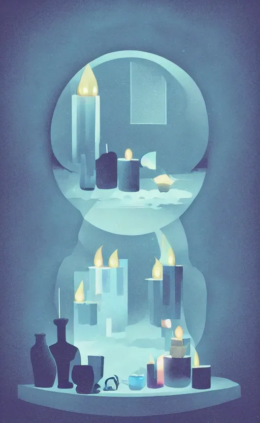 Image similar to illustration with beautiful scented candles, close - up photo in cozy interior, candle lighting, shadow play, light refraction, mirror, glowing, an art deco painting by tom whalen, trending on behance, art deco, digital illustration, storybook illustration, grainy texture, flat shading, vector art, airbrush, pastel, watercolor, poster