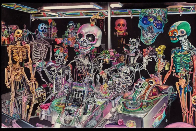 Prompt: scene from amusement arcade, day of the dead, cyber skeletons, queen in black silk in the center, neon painting by otto dix